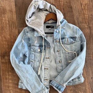 Kut from the Kloth Light Blue Denim Jacket with Gray Hood